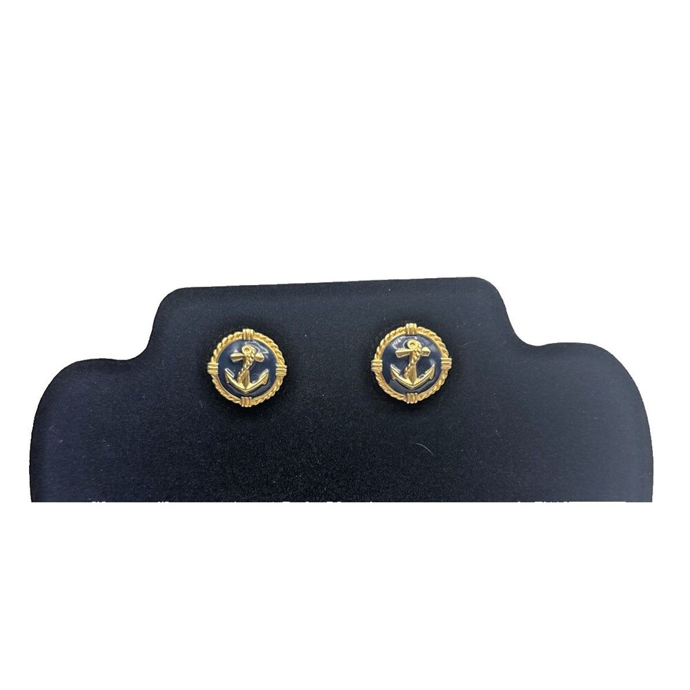 VTG AVON Unsigned Navy Blue Enameled Nautical Anchor Gold Tone Stud Earrings